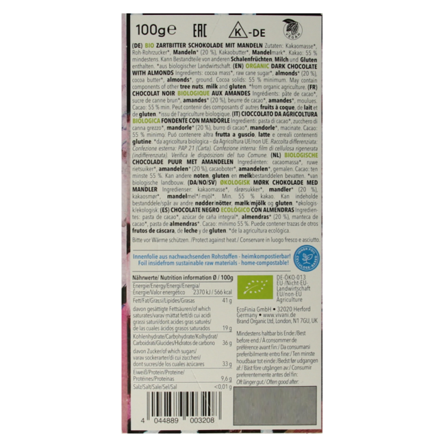 Chocolate negro con almendras ecológico 100 g