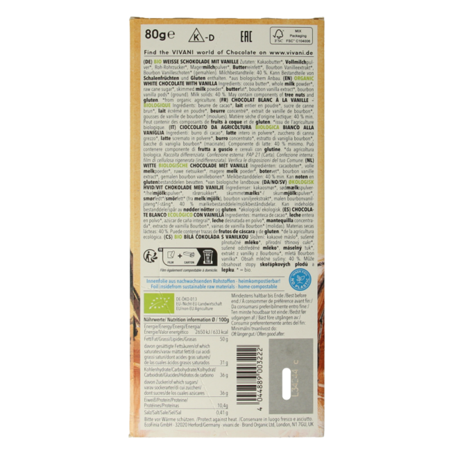 Chocolate blanco con vainilla bio 80 g