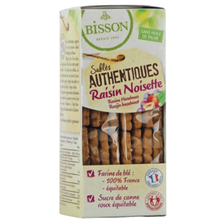 Bisson Bisson Organic authentic shortbread cookies with hazelnut/raisins 175 Gram