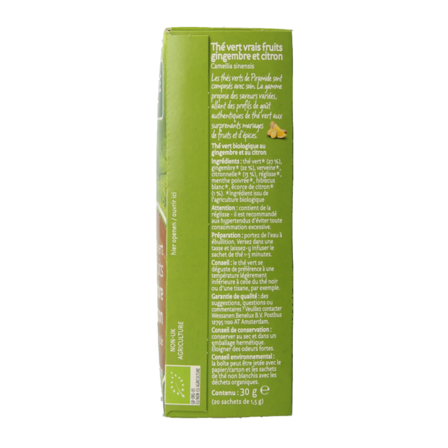 Bio-Grüntee mit Ingwer und Zitrone, 20 Beutel