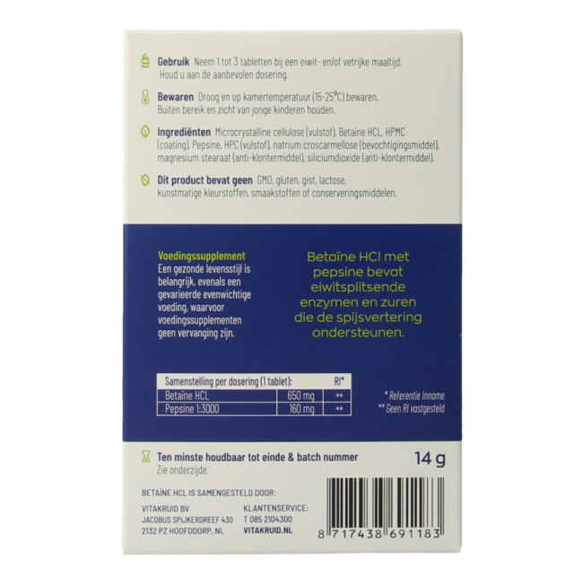 Betaine HCL 650mg & pepsina 160mg kit de prueba 10 comprimidos