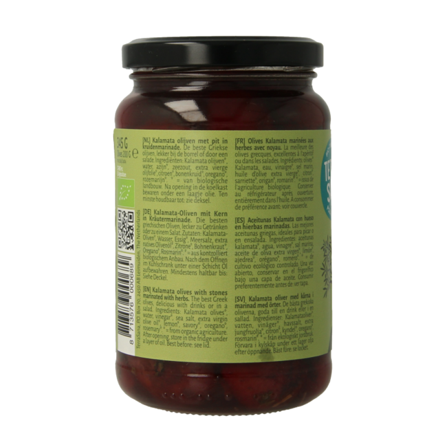 TerraSana Aceitunas Kalamata en aceite de hierbas bio 345 gramos