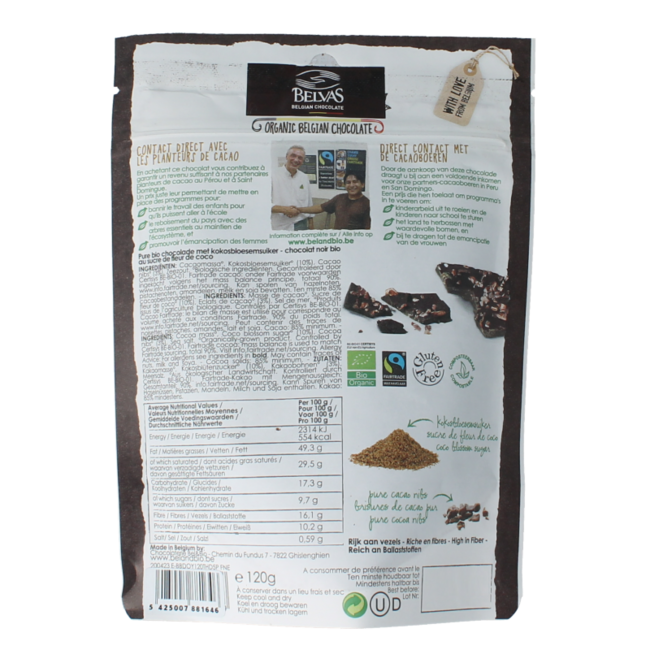 Belvas Thins dark 85% with organic coconut blossom sugar 120g