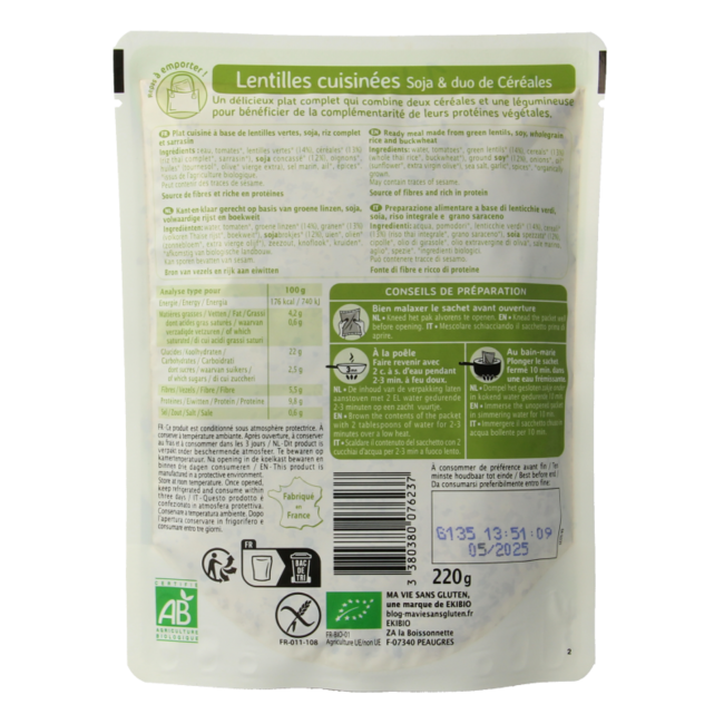 Ma Vie Lentejas cocidas soja y dúo de cereales sin gluten bio 220 gramos