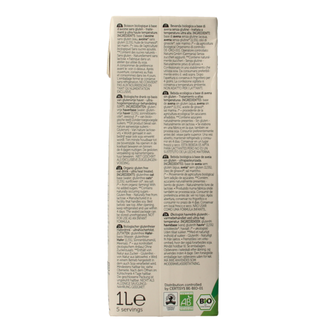 Boisson à l'avoine sans gluten bio 1 Litre