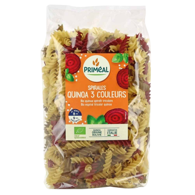 Primeal Fusilli orgánicos de 3 colores trigo quinoa bio 500 gramos