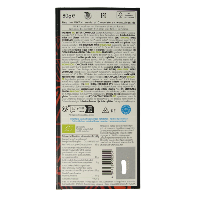 Chocolat noir 99% sucre de fleur de coco bio 80 g