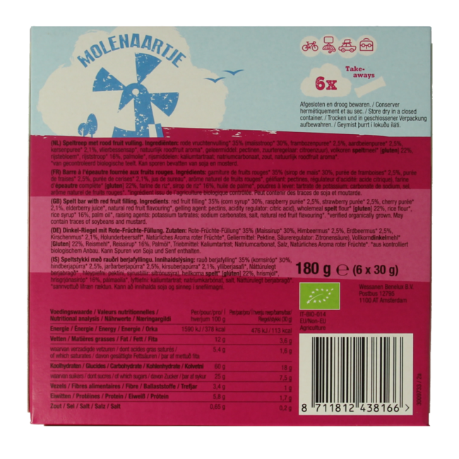 Molenaartje Barrita de fruta de espelta frutos rojos bio 180 gramos