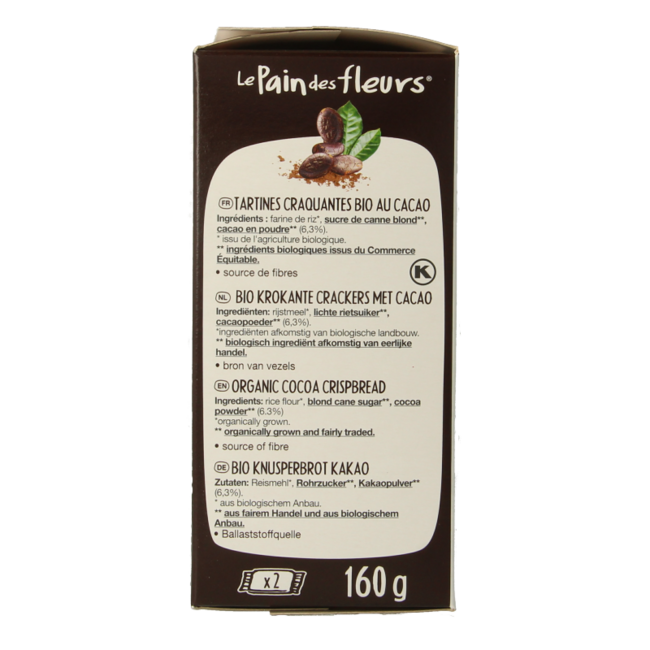 Pain Des Fleurs Organic crispy crackers with organic cocoa 160 Gram