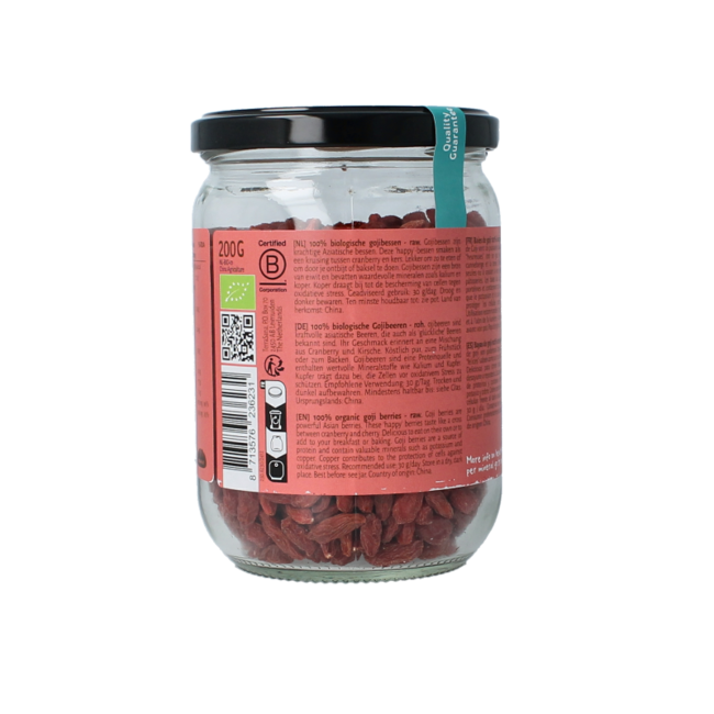 Bayas de goji crudas ecológicas en tarro de cristal 200 g