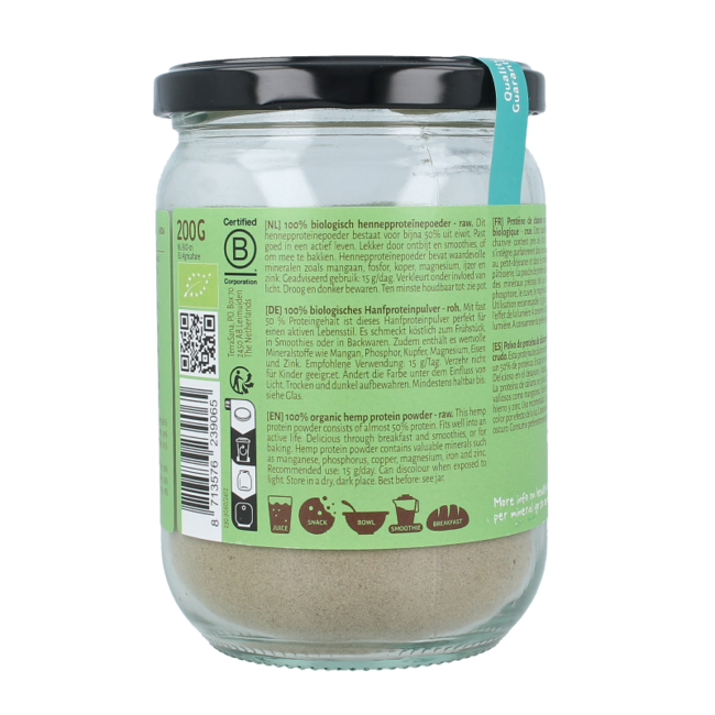 Raw hennep protein poeder in glas bio 200 Gram