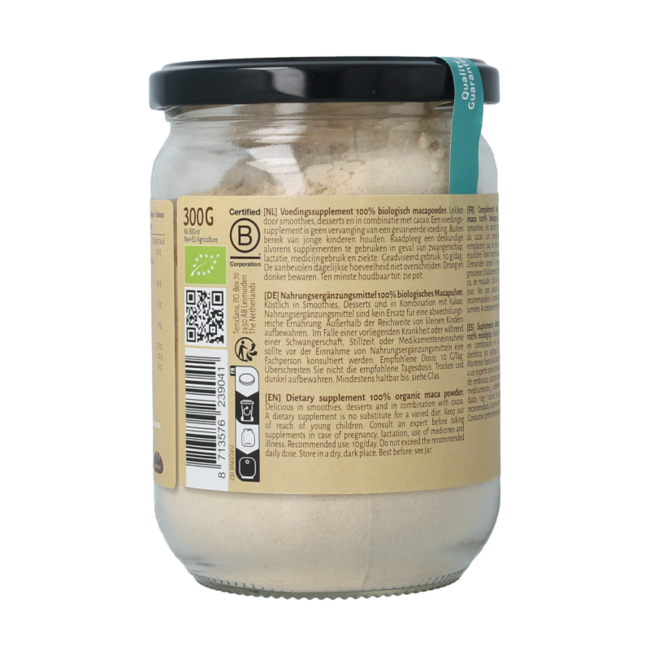 Organic raw maca high energy powder in glass 300g