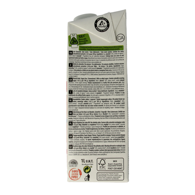 Bebida de almendras natural sin azúcar bio 1 litro