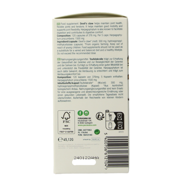 Purasana Harpagofito vegano bio 120 cápsulas vegetarianas