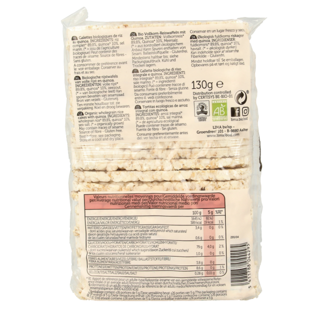 Rijstwafels recht dun quinoa bio 130 Gram