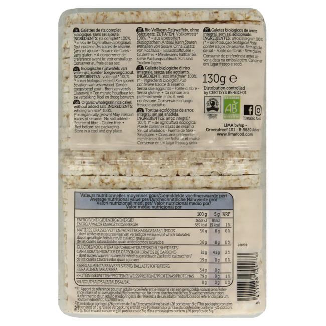 Tortitas de arroz Lima sin sal finas rectangulares bio 130 g