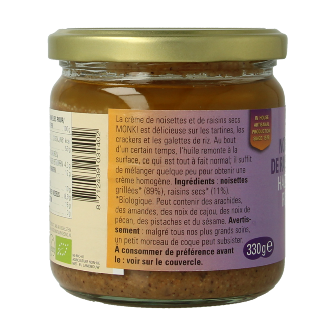 Crema de avellanas y pasas eco bio 330 gramos