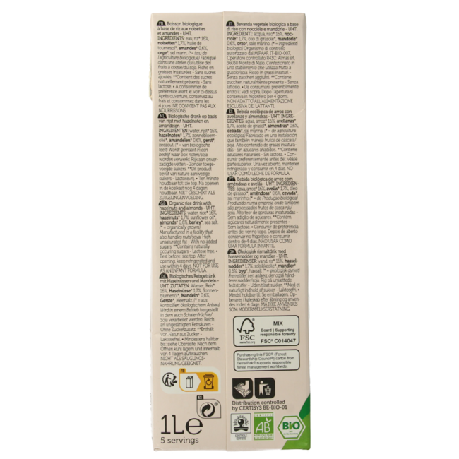 Bebida de arroz con avellana y almendra bio 1 Litro