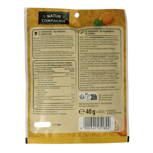 Natur Compagnie Kippensoep met vermicelli bio 40 Gram