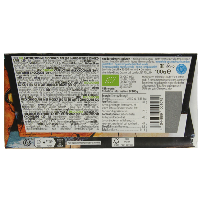 Chocolate con leche y blanco sabor capuchino ecológico 100 g