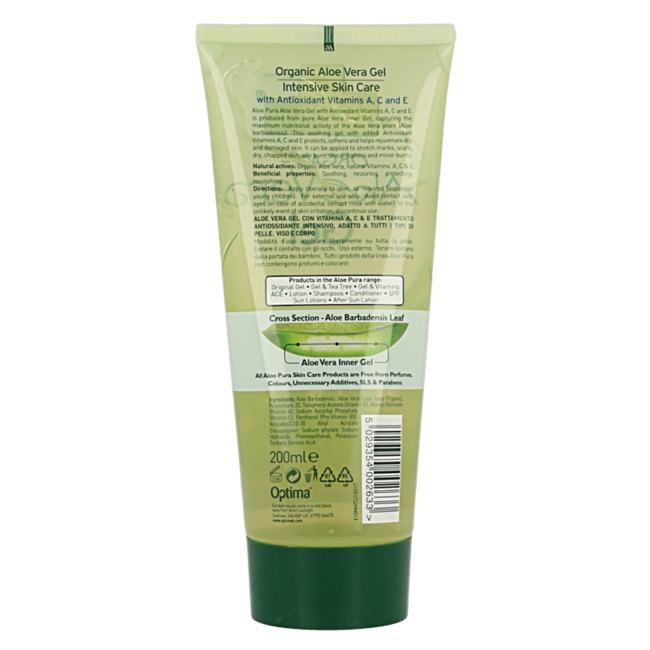 Optima Aloe Pura gel de aloe vera orgánico con vitaminas A, C y E, 200 ml