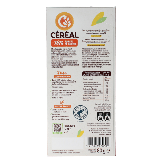 Tableta de chocolate con leche y maltitol Cereal 80 g
