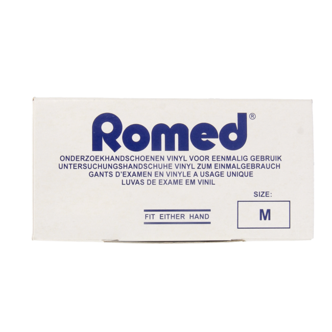 Guanti in vinile Romed non sterili, con polvere, Taglia M, 100 Pezzi