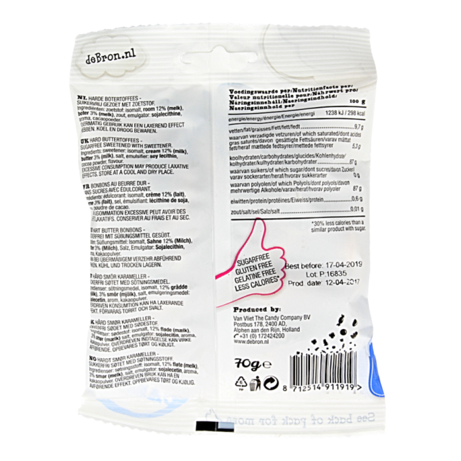 De Bron Buttertoffee sans sucre 70 g