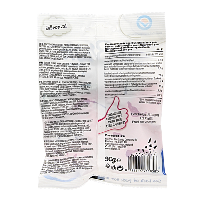 De Bron Kersen gums/cherry gums suikervrij 90 Gram
