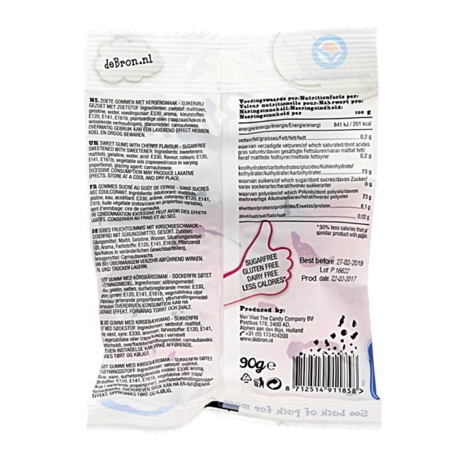 De Bron Sugar-Free Cherry Gums 90g