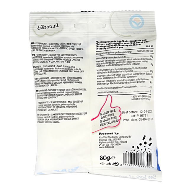 De Bron Caramelos de Menta sin azúcar 80 g