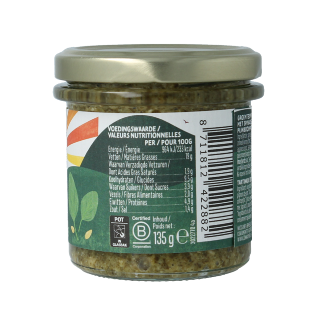 Zonnatura Organic spinach vegetable spread 135 Gram