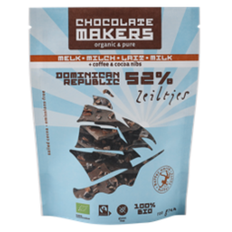 Chocolatemakers Chocolatemakers Zeiltjes leche 52% con nibs de cacao y café bio 100 gramos