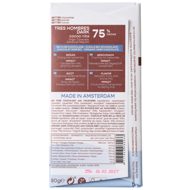 Chocolatemakers Tres Hombres Bar 75% Dark with Cocoa Nibs Organic 80g