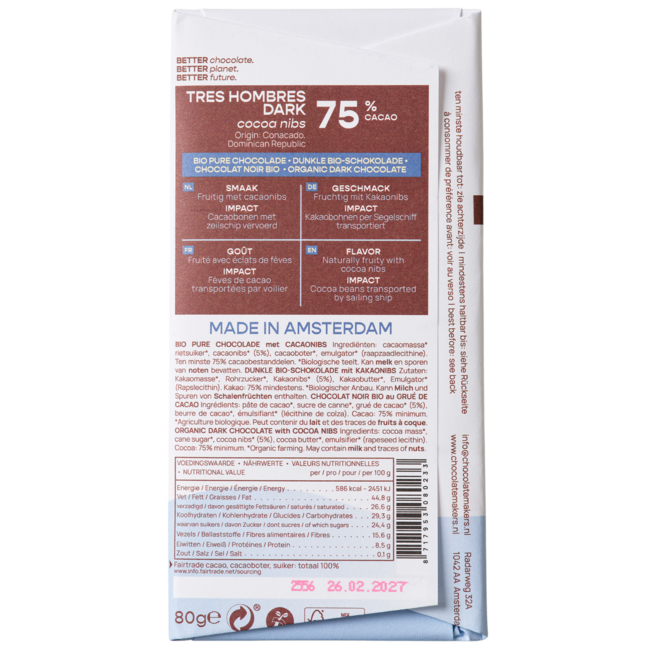 Tableta Chocolatemakers Tres Hombres 75% chocolate negro con nibs de cacao bio 80 g