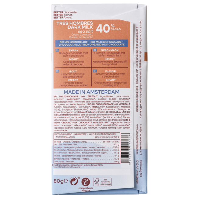 Chocolatemakers Tres Hombres bar 40% milk sea salt fairtrade organic 80 Gram