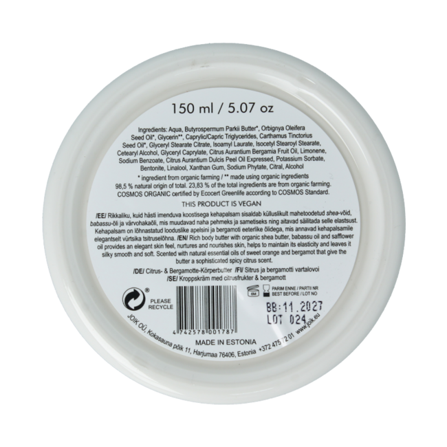 Burro corpo Joik Organics Agrumi & Bergamotto biologico vegano 150 Millilitri