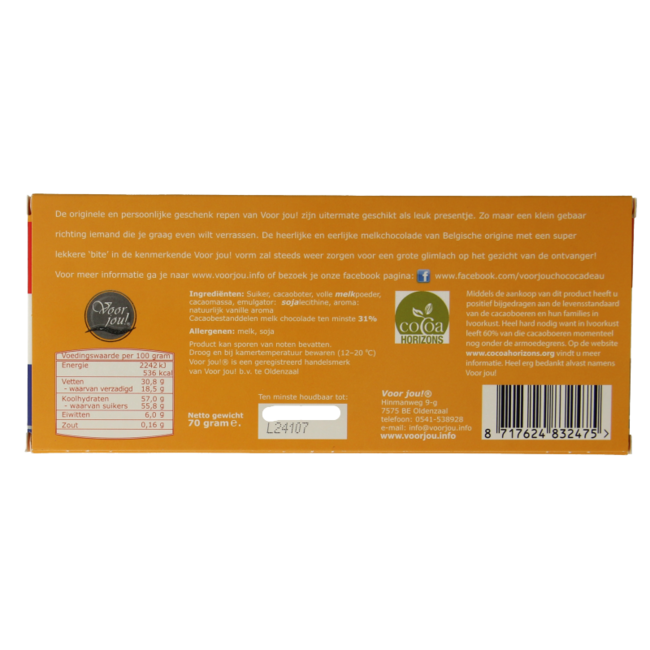 Voor Jou! Barrita de chocolate Enhorabuena 70 gramos