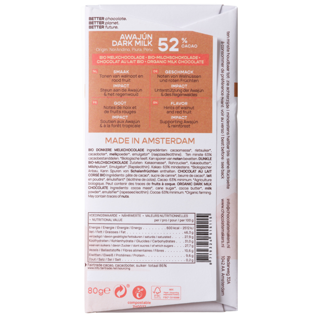 Chocolatemakers Awajun 52% leche oscura fairtrade bio 80 gramos