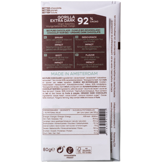Cioccolato Gorilla Extra Fondente 92% Biologico 80 Grammi