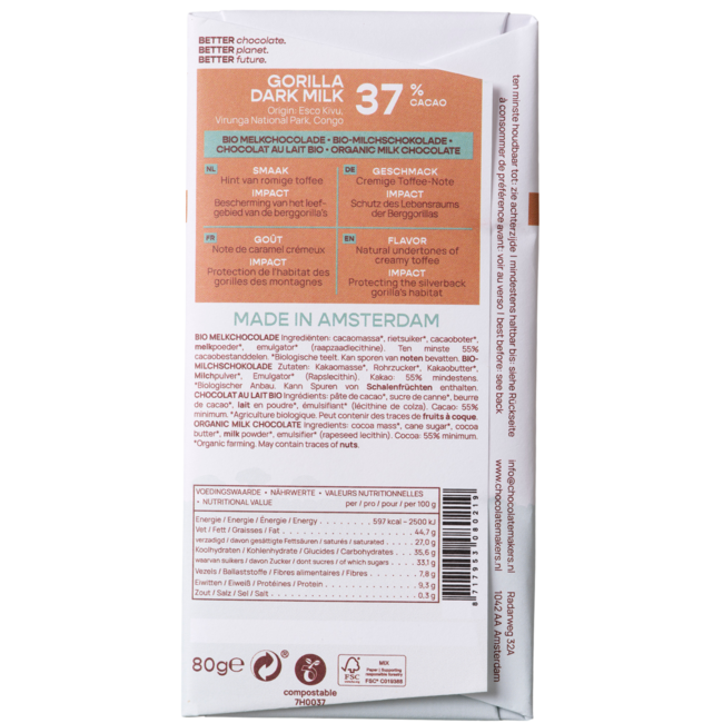 Czekolada mleczna Gorilla 37% bio 80 Gramów