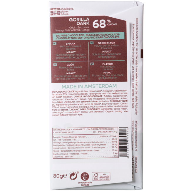 Chocolatemakers Gorilla bar 68% dark organic 80 Gram