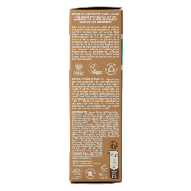 Alphanova Sun Crème solaire teintée bio dorée SPF50+ 50 g