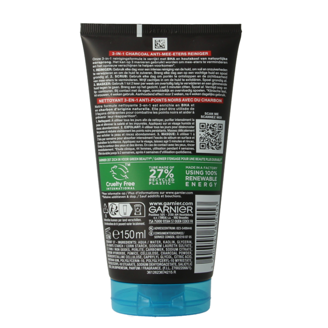 Garnier SkinActive pure active 3-en-1 limpiador de carbón 150 mililitros