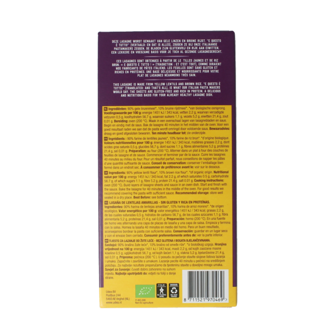 Organic yellow lentil lasagne 250 Gram