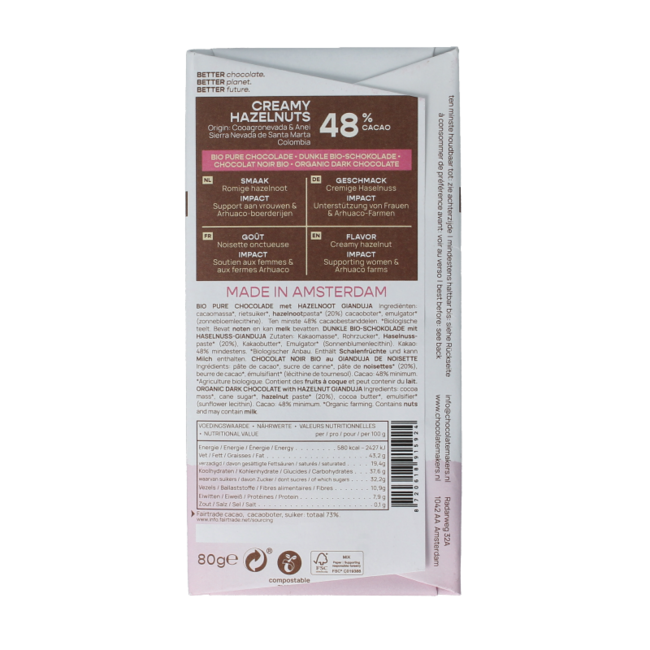 Chocolate negro con crema de avellanas Colombia 48% bio 80 g