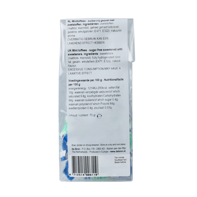 De Bron Mint toffee sugar-free 70 Gram