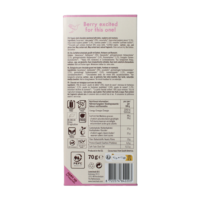 Lovechock Raspberry rosemary organic 70 Gram