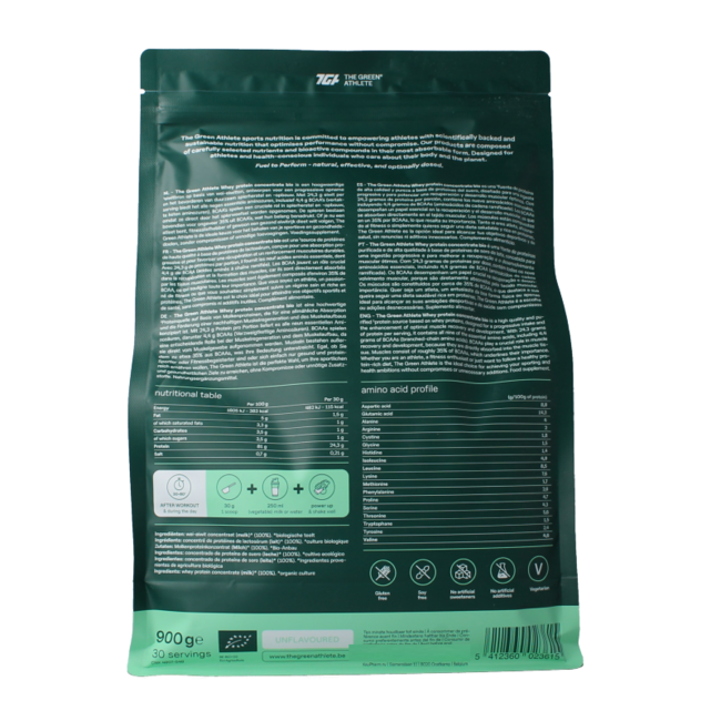 The Green Athlete Whey protein concentrate unflavoured bio 900 Gram