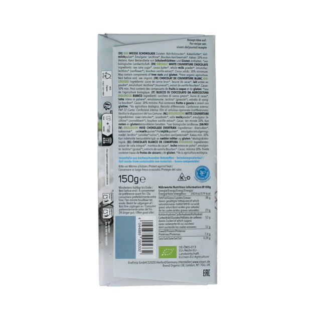 Chocolat de couverture blanc bio 150 Grammes